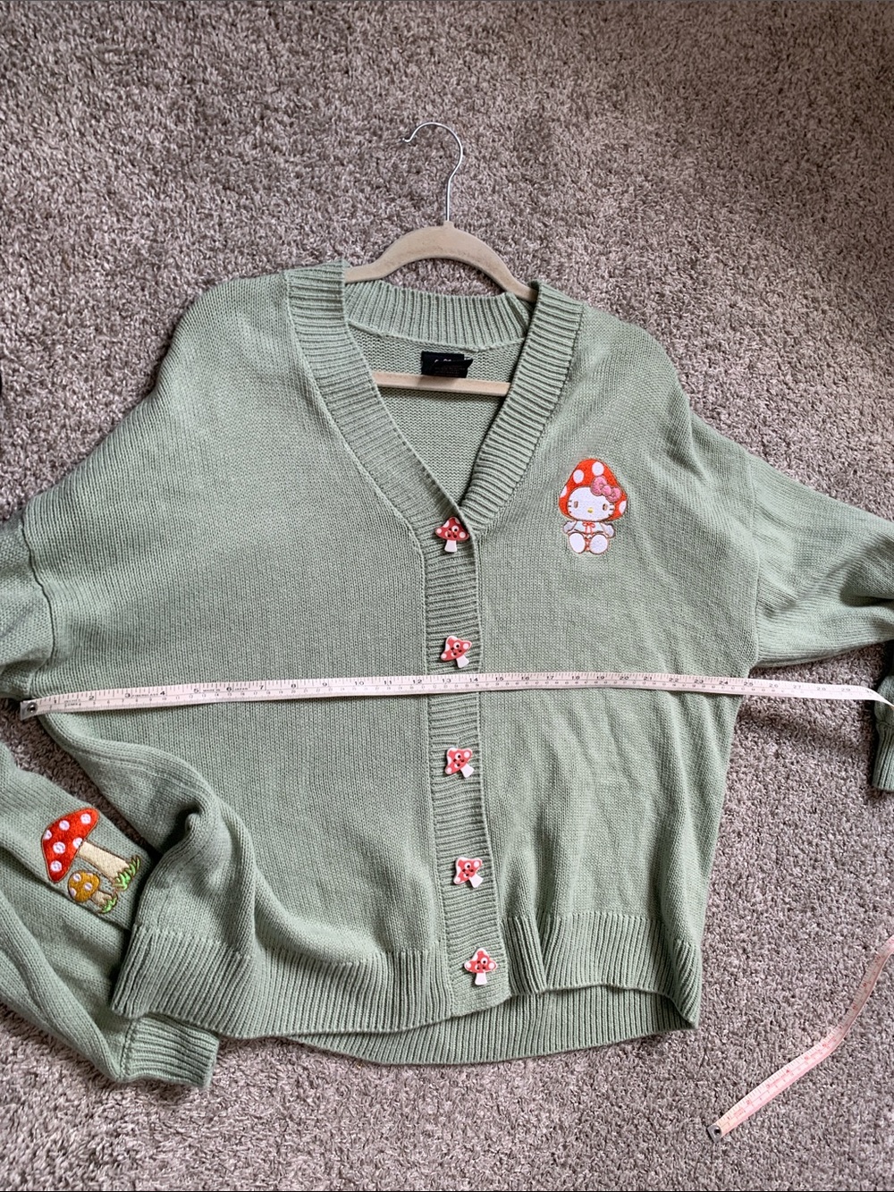 Sanrio Hello Kitty Mushroom Patch Sage V-Neck Cardigan Sweater - Picture 8 of 8